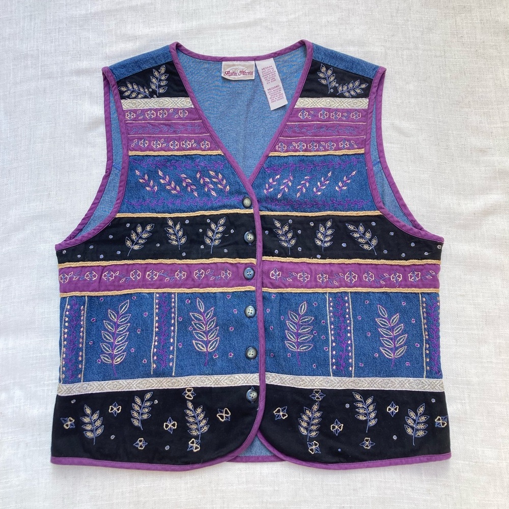 Vintage purple embroidered denim floral cottagecore country vest